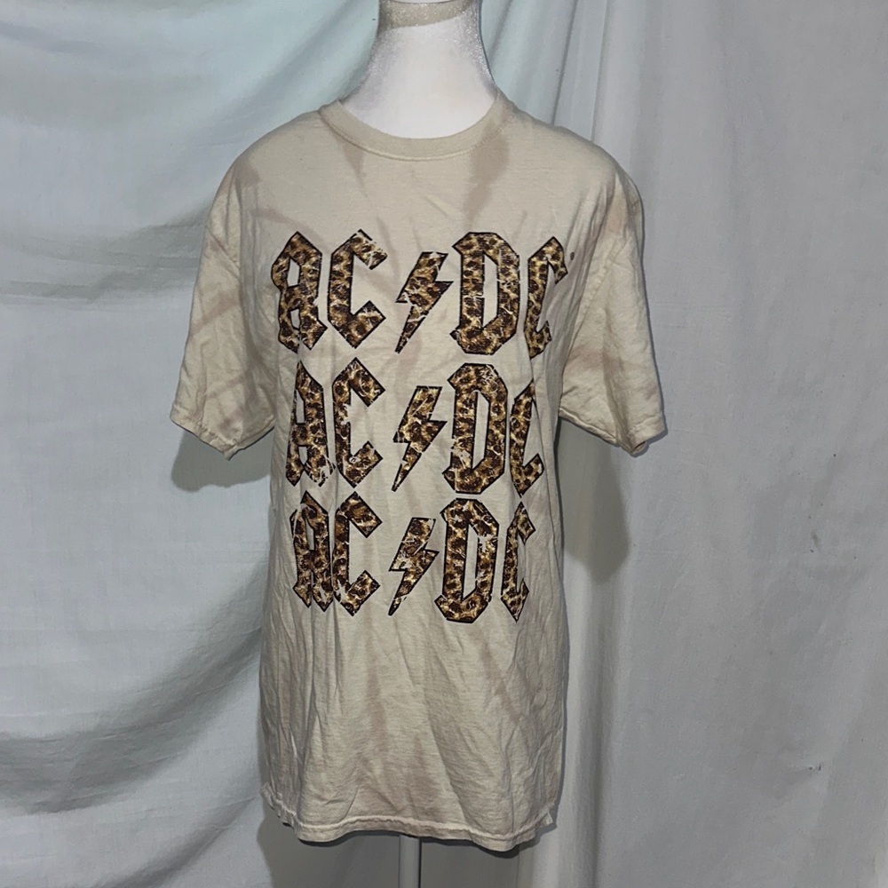 AC/DC Leopard Print Logo Beige Tie Dye T-Shirt size small